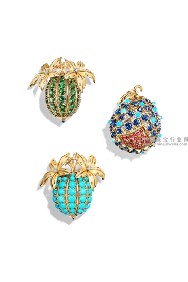 上和下:Tiffany & Co. 蒂芙尼Schlumberger系列可可豆造型胸针;右上:Tiffany & Co. 蒂芙尼Schlumberger系列石榴造型胸针.jpg