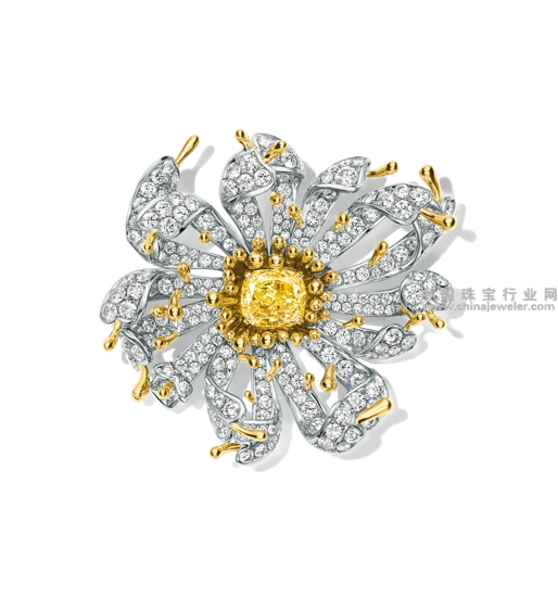 Tiffany & Co. 蒂芙尼Schlumberger系列大丽花造型胸针,铂金及18K黄金镶嵌精选枕形艳彩黄钻和圆形明亮式切割钻石.jpg