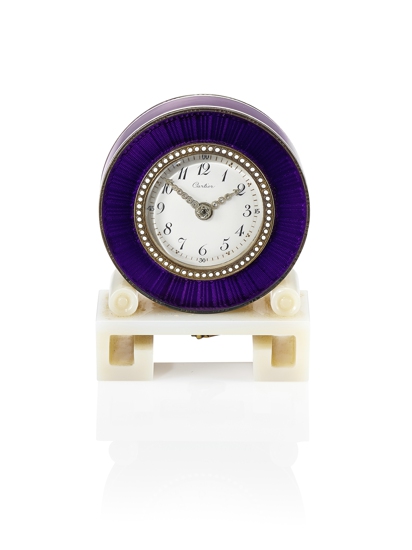 LOT 652 A Fine Art Deco Diamond, Agate and Enamel Desk Clock by Cartier Circa 1920.jpg