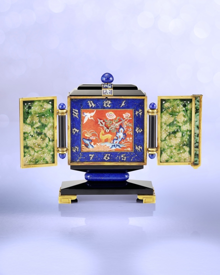 LOT 657 A Distinct and Exceptional Art Deco Jade Lapis Lazuli Diamond and Enamel Chinoiserie Desk Clock by Tiffany & Co. Circa 1929.jpg