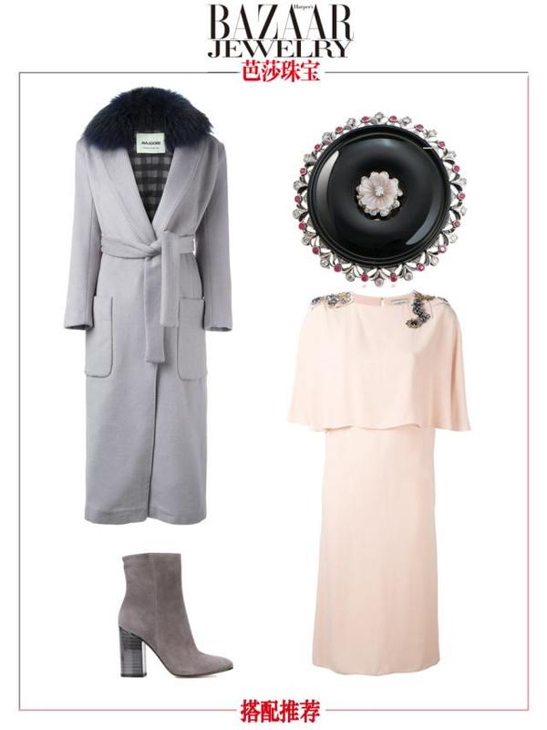 AVA ADORE大衣；LANVIN 镶嵌连衣裙；GIANVITO ROSSI麂皮踝靴；宝怡和翡翠会“创意之选”系列 18K白金贝母、钻石及红色蓝宝石镶翡翠吊坠。 宝怡和翡翠会“创意之选”系列 18K白金贝母、钻石及红色蓝宝石镶翡翠吊坠。
